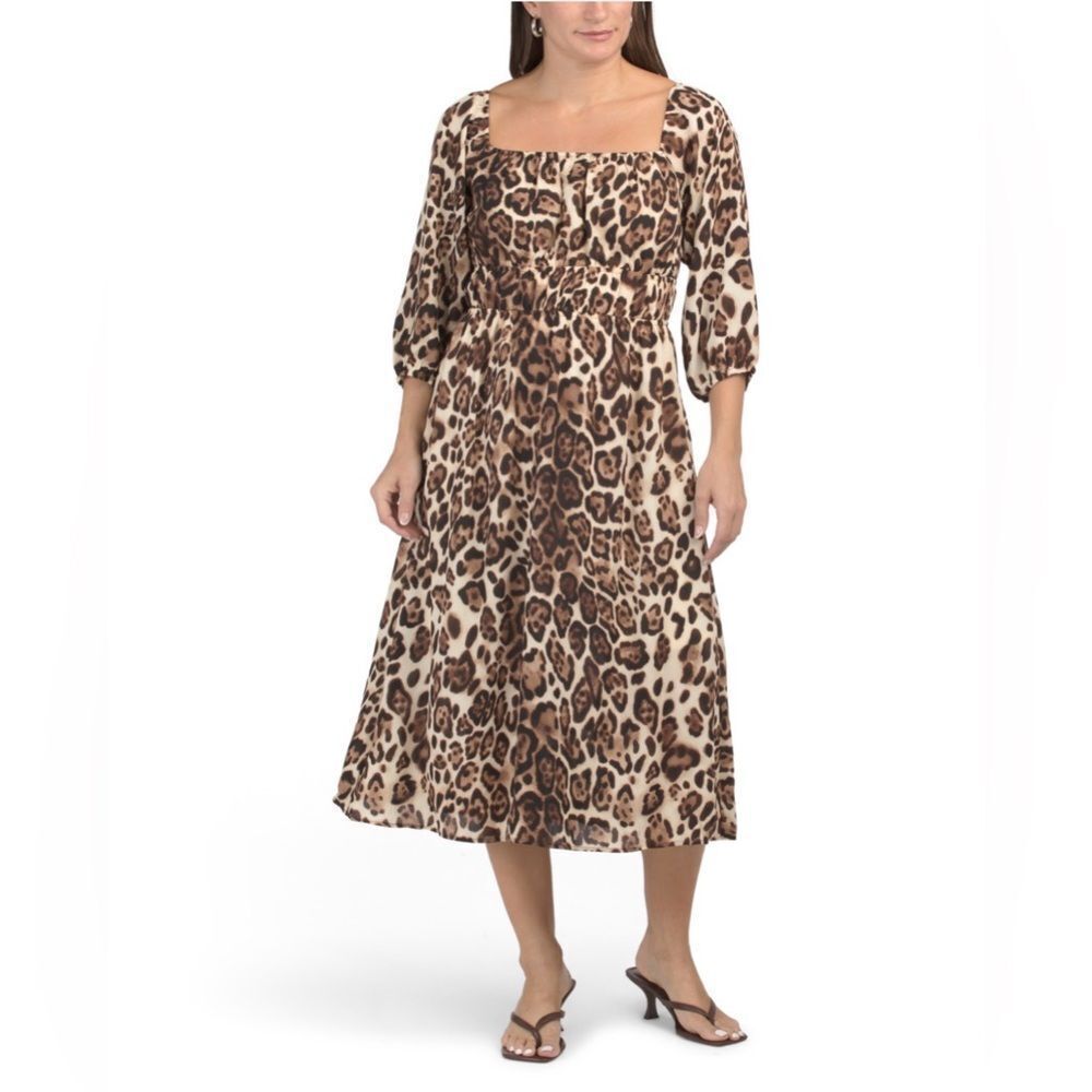 Gilli Square Neck Animal Leopard Print Midi Dress Brown Cream S NWT